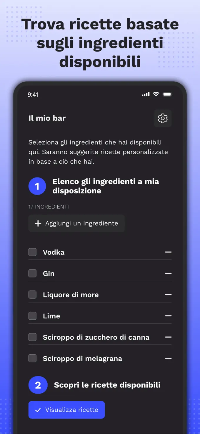 Schermata con l'elenco delle ricette dell'app